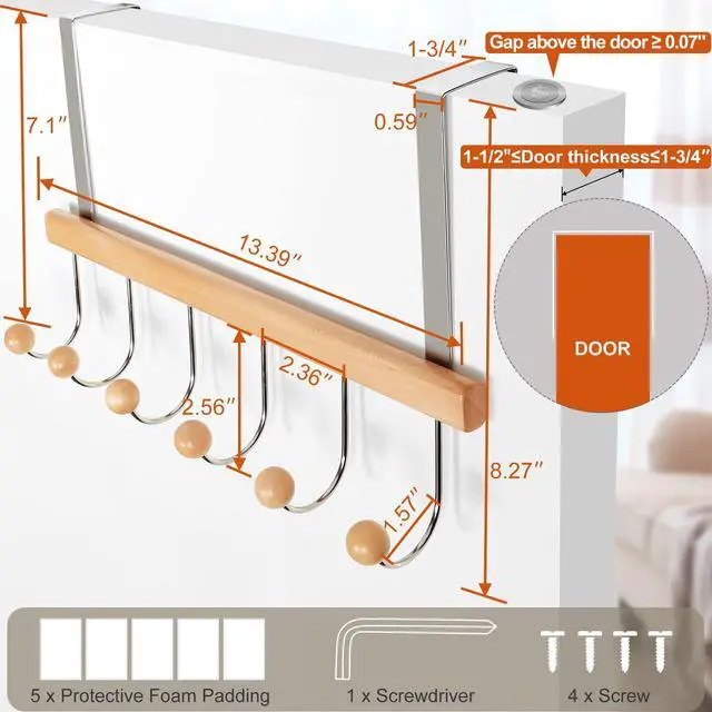 Alt view image 6 of 7 - Over The Door Hooks for Hanging, Towel Hooks Towel Racks for Bathroom, Coat Hooks Coat Rack Over The Door Organizer Hanging, Wooden Door Hangers for Coat Towel Hat Purse CT71N