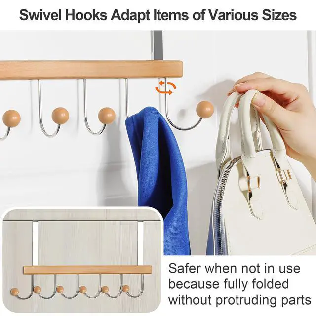 Alt view image 7 of 7 - Over The Door Hooks for Hanging, Towel Hooks Towel Racks for Bathroom, Coat Hooks Coat Rack Over The Door Organizer Hanging, Wooden Door Hangers for Coat Towel Hat Purse CT71N