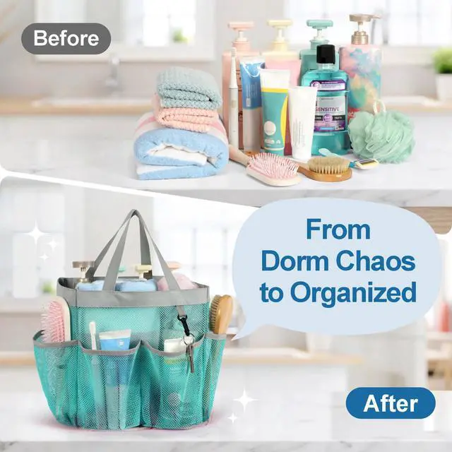 Alt view image 2 of 7 - Mesh Shower Caddy Portable, Upgrade Deeper 7 Pockets Shower Bag Basket Bag for College Dorm Room Toiletry Bathroom Essentials Gym Camp Quick Dry 2 handles with S Hook, Mint Green