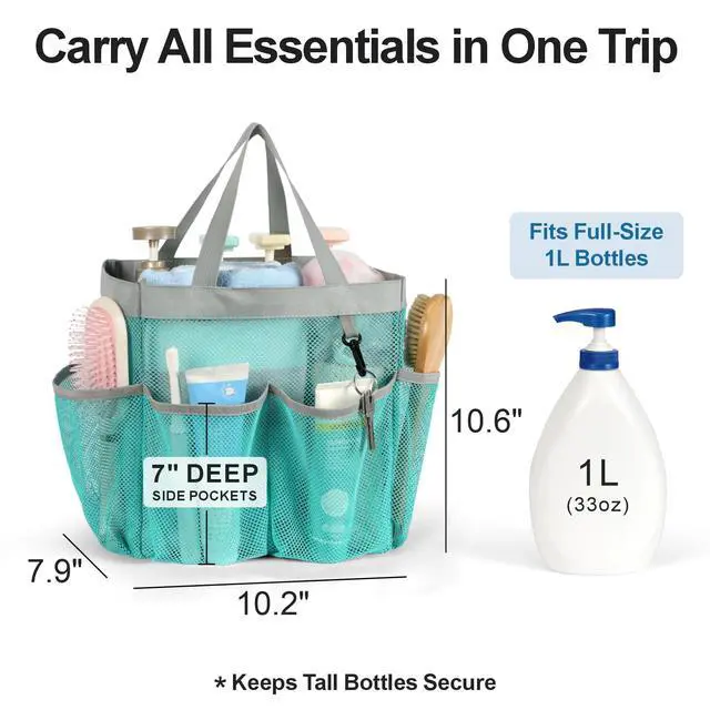 Alt view image 3 of 7 - Mesh Shower Caddy Portable, Upgrade Deeper 7 Pockets Shower Bag Basket Bag for College Dorm Room Toiletry Bathroom Essentials Gym Camp Quick Dry 2 handles with S Hook, Mint Green