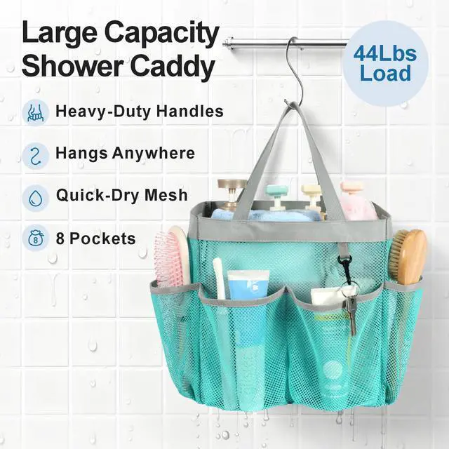 Alt view image 4 of 7 - Mesh Shower Caddy Portable, Upgrade Deeper 7 Pockets Shower Bag Basket Bag for College Dorm Room Toiletry Bathroom Essentials Gym Camp Quick Dry 2 handles with S Hook, Mint Green