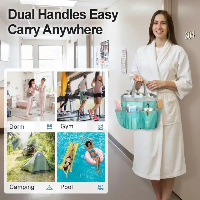 Alt view image 6 of 7 - Mesh Shower Caddy Portable, Upgrade Deeper 7 Pockets Shower Bag Basket Bag for College Dorm Room Toiletry Bathroom Essentials Gym Camp Quick Dry 2 handles with S Hook, Mint Green