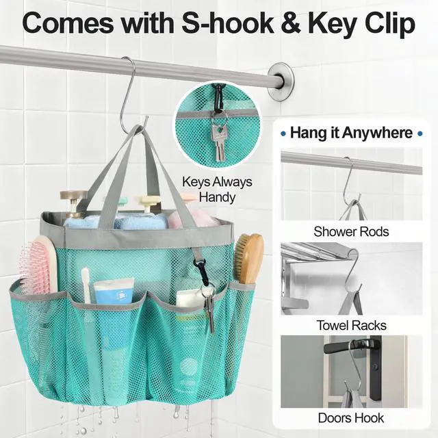 Alt view image 7 of 7 - Mesh Shower Caddy Portable, Upgrade Deeper 7 Pockets Shower Bag Basket Bag for College Dorm Room Toiletry Bathroom Essentials Gym Camp Quick Dry 2 handles with S Hook, Mint Green