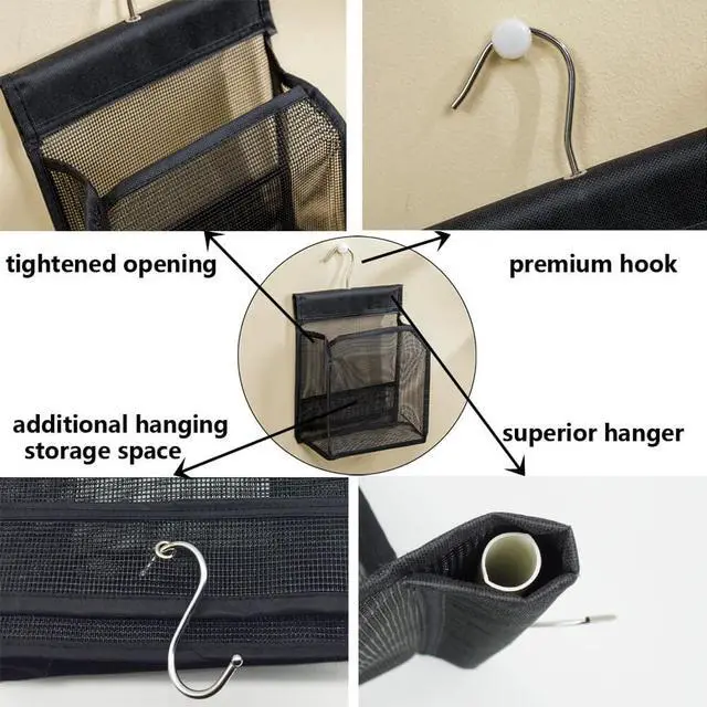 Alt view image 3 of 6 - Hanging Mesh Shower Caddy Organizer Bathroom Storage Bag with Hooks for Camper, Gym, Cruise, Cabin, College Dorm Shower, Swimming and RV,Black