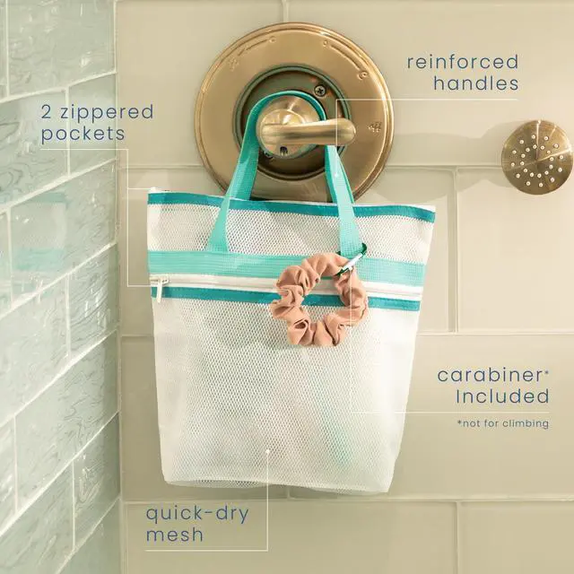 Alt view image 2 of 6 - Mesh Shower Caddy, Shower Bag for Dorm Room Essentials, Gym Bag, Camping and More, Two Zippered Pockets, White and Teal, 10 Inches x 10 Inches
