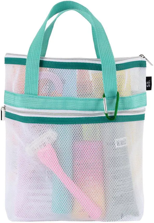 Main image of Mesh Shower Caddy, Shower Bag for Dorm Room Essentials, Gym Bag, Camping and More, Two Zippered Pockets, White and Teal, 10 Inches x 10 Inches