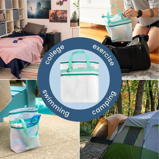 Alt view image 4 of 6 - Mesh Shower Caddy, Shower Bag for Dorm Room Essentials, Gym Bag, Camping and More, Two Zippered Pockets, White and Teal, 10 Inches x 10 Inches