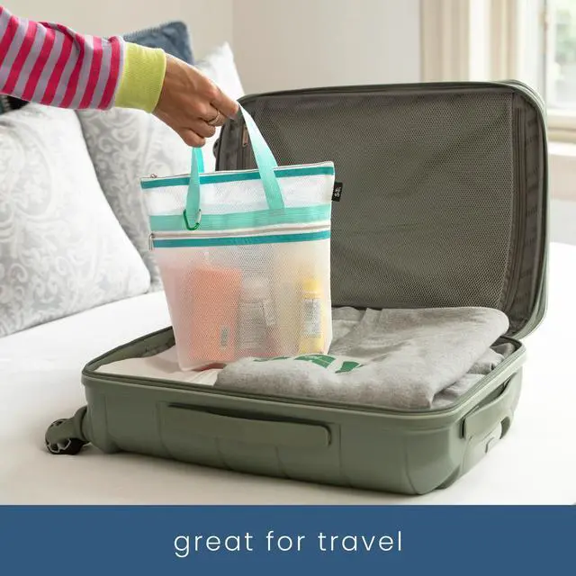 Alt view image 6 of 6 - Mesh Shower Caddy, Shower Bag for Dorm Room Essentials, Gym Bag, Camping and More, Two Zippered Pockets, White and Teal, 10 Inches x 10 Inches