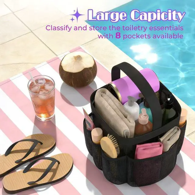 Alt view image 6 of 7 - Mesh Shower Caddy Portable with 8 Upgraded Deeper Pockets,Hanging Caddy Dorm Basket, Quick Dry Shower Bag