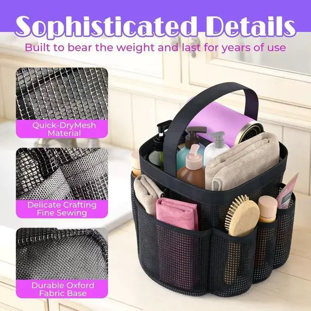 Alt view image 5 of 7 - Mesh Shower Caddy Portable with 8 Upgraded Deeper Pockets,Hanging Caddy Dorm Basket, Quick Dry Shower Bag