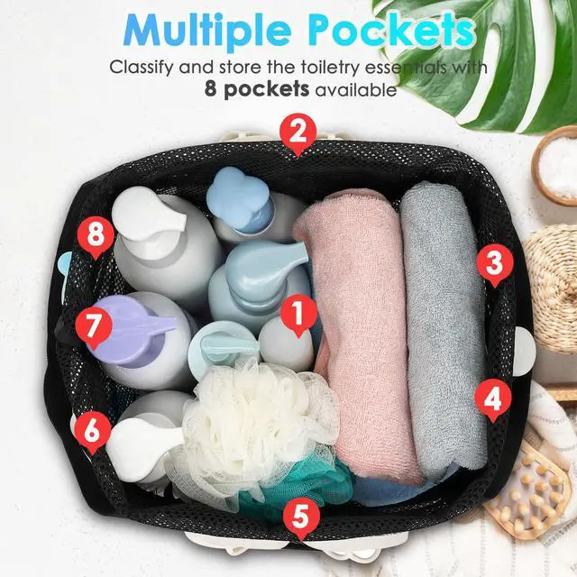 Alt view image 4 of 7 - Mesh Shower Caddy Portable with Drawstring, Dorm Room Essentials for College Girls Guys, 8-Pocket Extra Large Shower Bag Basket Tote for Camping Beach Gym Travel Toiletry Bathroom