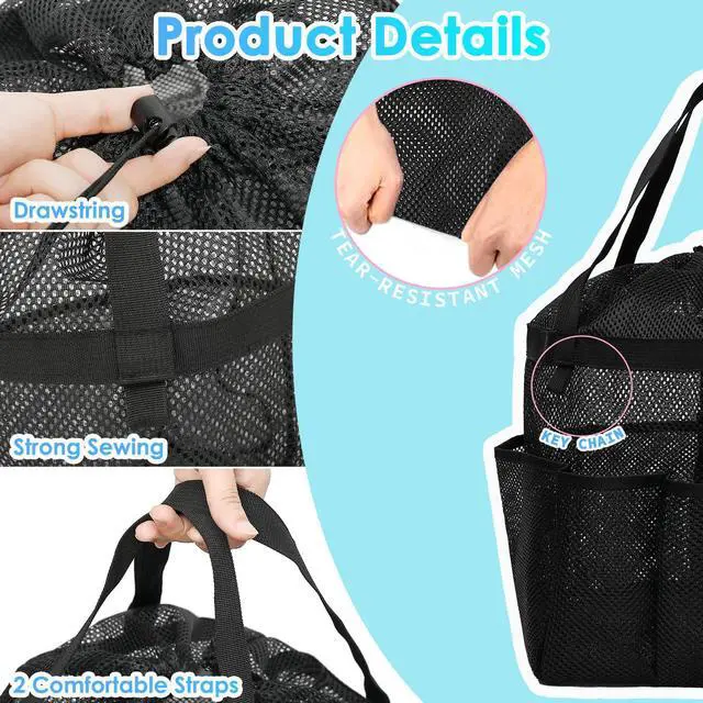 Alt view image 5 of 7 - Mesh Shower Caddy Portable with Drawstring, Dorm Room Essentials for College Girls Guys, 8-Pocket Extra Large Shower Bag Basket Tote for Camping Beach Gym Travel Toiletry Bathroom