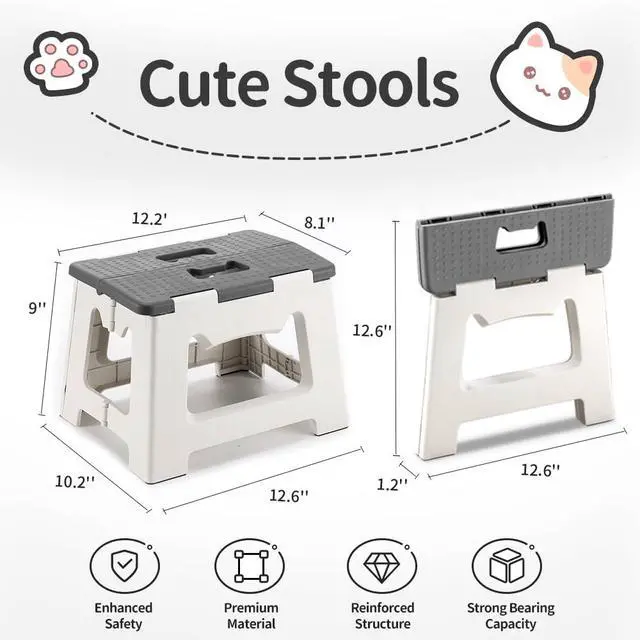Alt view image 2 of 6 - Step Stool Foldable, 9'' Folding Step Stool for Kids & Adults, Hold Up to 300lb, Lightweight Small Collapsible Step Stools with Handle, Stepping Stools Suitable for Kitchen Bathroom (Gray)