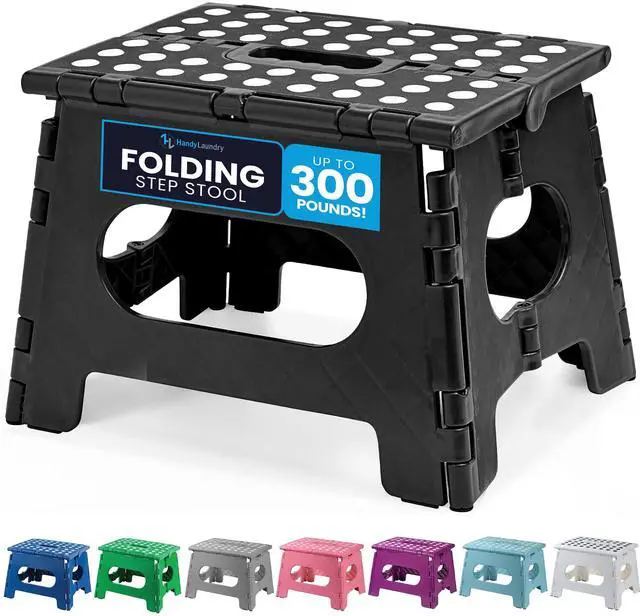 Main image of Folding Step Stool - Sturdy Enough Collapsible Stool to Support Adults - Opens Easy with One Flip - Great for Kitchen, Bathroom or Bedroom (Black - 9 Inch)