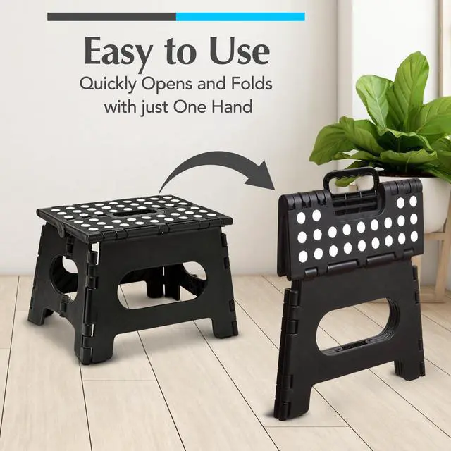 Alt view image 3 of 7 - Folding Step Stool - Sturdy Enough Collapsible Stool to Support Adults - Opens Easy with One Flip - Great for Kitchen, Bathroom or Bedroom (Black - 9 Inch)