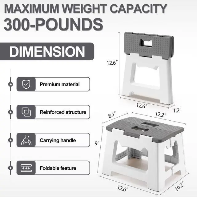 Alt view image 3 of 7 - 9'' Folding Step Stools for Kids and Adults, Hold Up to 300 lbs, Portable Foldable Step Stool for Toddlers, Plastic Small Collapsible Stepping Stools with Handle for Kitchen Bathroom (Gray)