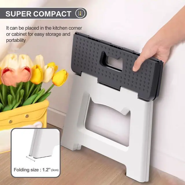 Alt view image 4 of 7 - 9'' Folding Step Stools for Kids and Adults, Hold Up to 300 lbs, Portable Foldable Step Stool for Toddlers, Plastic Small Collapsible Stepping Stools with Handle for Kitchen Bathroom (Gray)