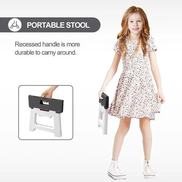 Alt view image 6 of 7 - 9'' Folding Step Stools for Kids and Adults, Hold Up to 300 lbs, Portable Foldable Step Stool for Toddlers, Plastic Small Collapsible Stepping Stools with Handle for Kitchen Bathroom (Gray)