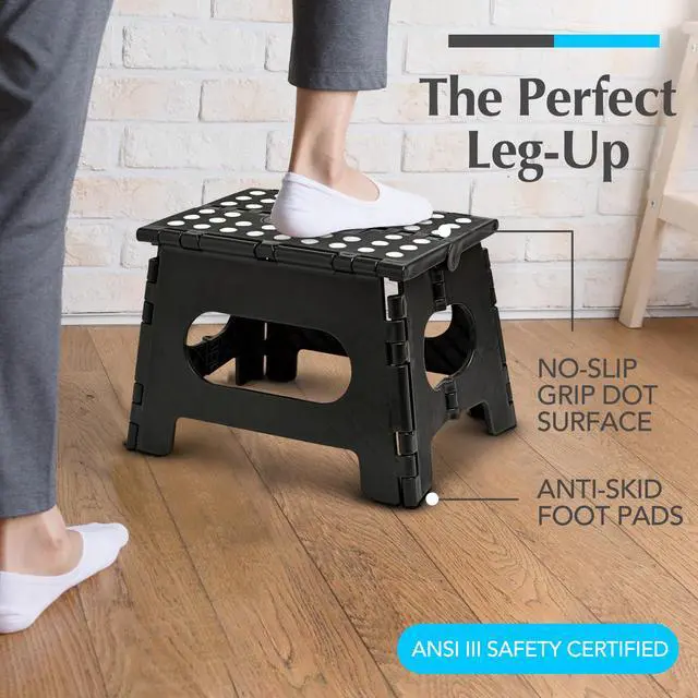 Alt view image 2 of 7 - Folding Step Stool - Sturdy Enough Collapsible Stool to Support Adults - Opens Easy with One Flip - Great for Kitchen, Bathroom or Bedroom (Black - 9 Inch)