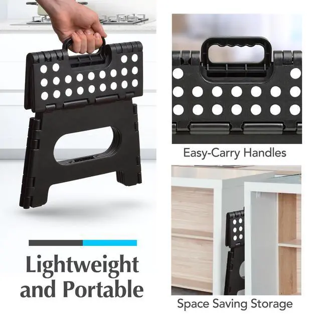 Alt view image 6 of 7 - Folding Step Stool - Sturdy Enough Collapsible Stool to Support Adults - Opens Easy with One Flip - Great for Kitchen, Bathroom or Bedroom (Black - 9 Inch)