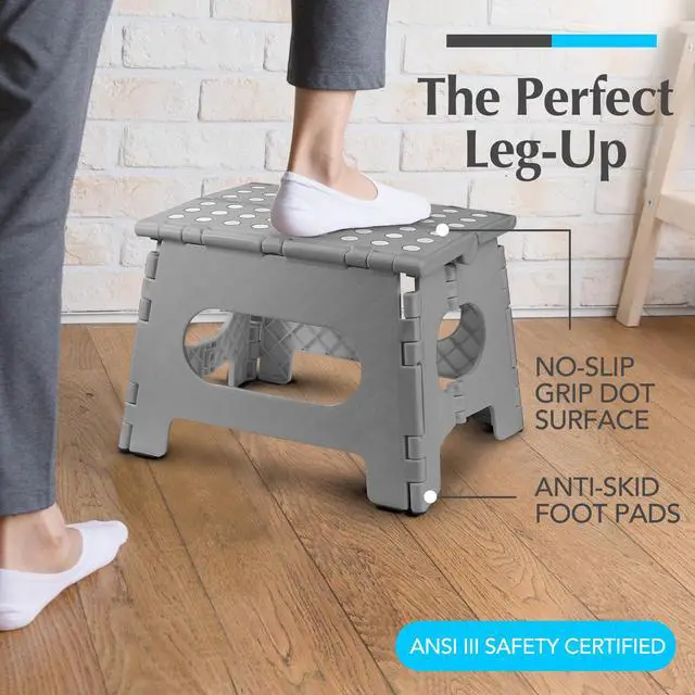 Alt view image 3 of 7 - Folding Lightweight Step Stool - Sturdy Enough to Support Adults - Opens Easy with One Flip - Great for Kitchen, Bathroom or Bedroom (Gray - 8 Inch)