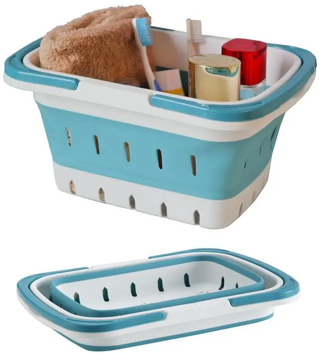Main image of Portable Folding Plastic Bath Caddy with Handle, Perforated, Travel Bathroom Organizer for Bedroom, Bathroom, Shower, Dorm Room, Camping and RV Use (Blue, 1 pack)
