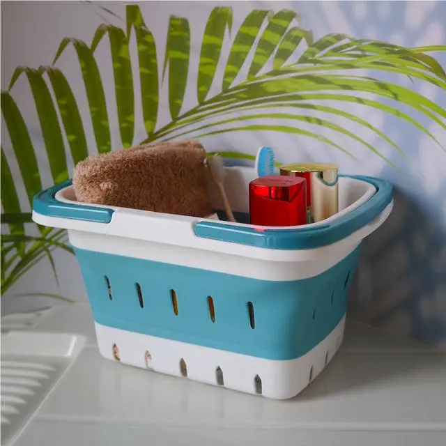 Alt view image 6 of 6 - Portable Folding Plastic Bath Caddy with Handle, Perforated, Travel Bathroom Organizer for Bedroom, Bathroom, Shower, Dorm Room, Camping and RV Use (Blue, 1 pack)