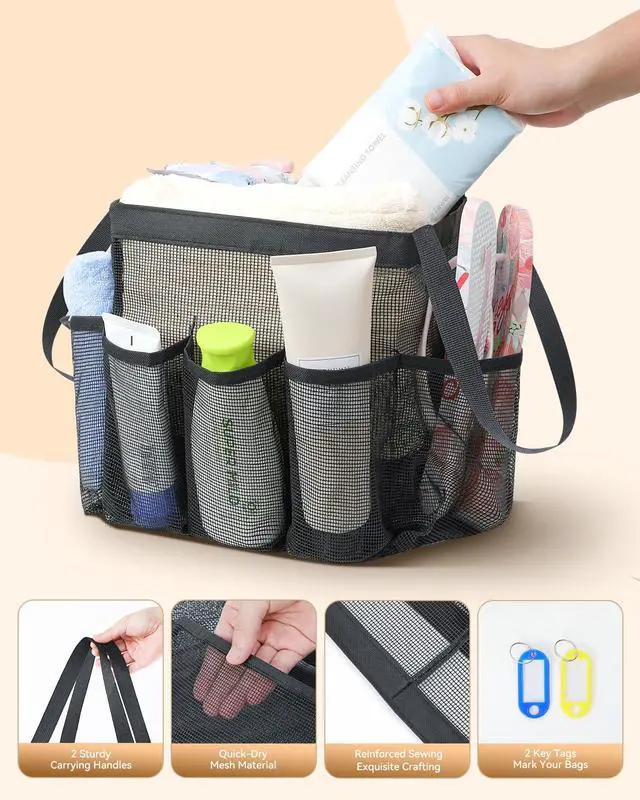 Alt view image 4 of 7 - Mesh Shower Caddy Tote, Large Shower Caddy Basket Portable, Quick Dry Hanging Toiletry Bag, 8 Storage Pocket Handle Bath Organizer for College Dorm, Gym, Camp, Travel