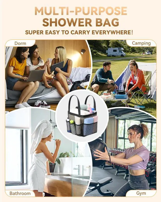 Alt view image 6 of 7 - Mesh Shower Caddy Tote, Large Shower Caddy Basket Portable, Quick Dry Hanging Toiletry Bag, 8 Storage Pocket Handle Bath Organizer for College Dorm, Gym, Camp, Travel