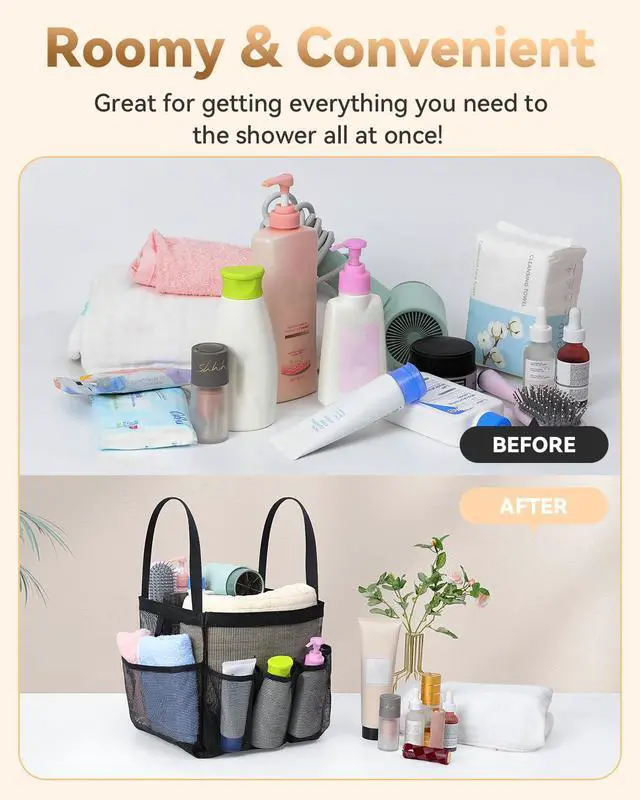 Alt view image 5 of 7 - Mesh Shower Caddy Tote, Large Shower Caddy Basket Portable, Quick Dry Hanging Toiletry Bag, 8 Storage Pocket Handle Bath Organizer for College Dorm, Gym, Camp, Travel