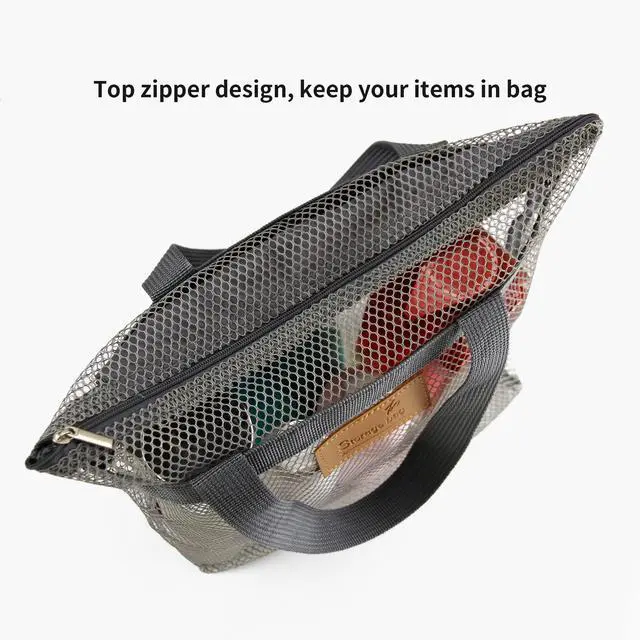Alt view image 2 of 7 - Mesh Shower Caddy Bag Portable Hanging Toiletry and Bath Organizer with Zipper for Travel, Gym, Swimming, Camping, College Dorms, Beach (Grey)