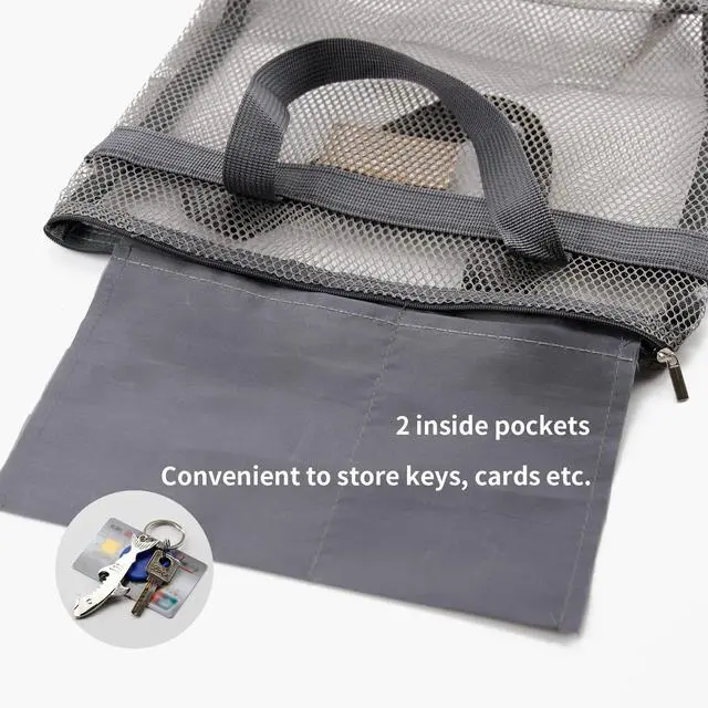 Alt view image 4 of 7 - Mesh Shower Caddy Bag Portable Hanging Toiletry and Bath Organizer with Zipper for Travel, Gym, Swimming, Camping, College Dorms, Beach (Grey)