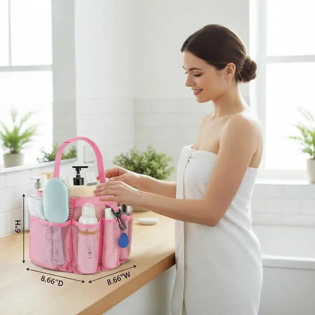 Alt view image 2 of 7 - Mesh Shower Caddy Portable for College Dorm Room Essentials,Hanging Shower Caddy Dorm Basket with 8 Pockets,Quick Dry Shower Bag for Bathroom,Beach,Swimming,Gym (Light Pink)