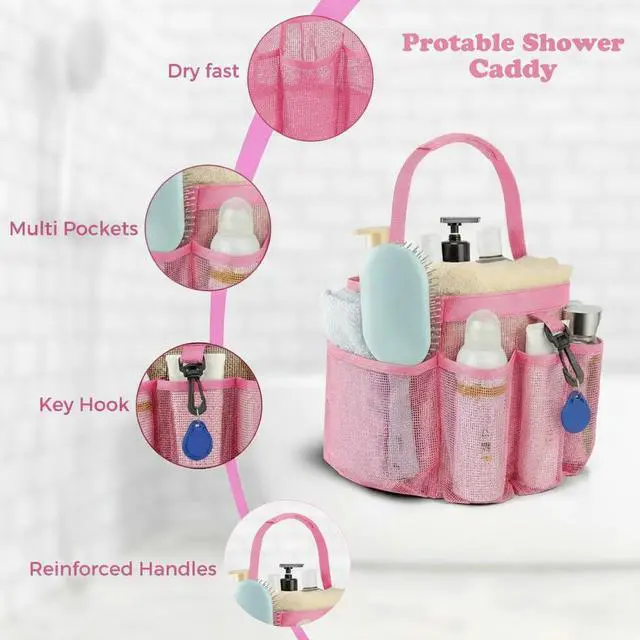 Alt view image 3 of 7 - Mesh Shower Caddy Portable for College Dorm Room Essentials,Hanging Shower Caddy Dorm Basket with 8 Pockets,Quick Dry Shower Bag for Bathroom,Beach,Swimming,Gym (Light Pink)