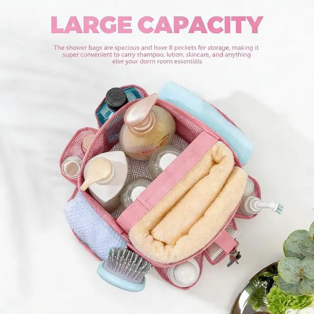 Alt view image 5 of 7 - Mesh Shower Caddy Portable for College Dorm Room Essentials,Hanging Shower Caddy Dorm Basket with 8 Pockets,Quick Dry Shower Bag for Bathroom,Beach,Swimming,Gym (Light Pink)