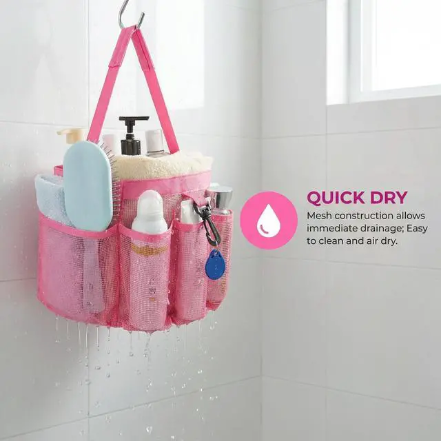 Alt view image 6 of 7 - Mesh Shower Caddy Portable for College Dorm Room Essentials,Hanging Shower Caddy Dorm Basket with 8 Pockets,Quick Dry Shower Bag for Bathroom,Beach,Swimming,Gym (Light Pink)