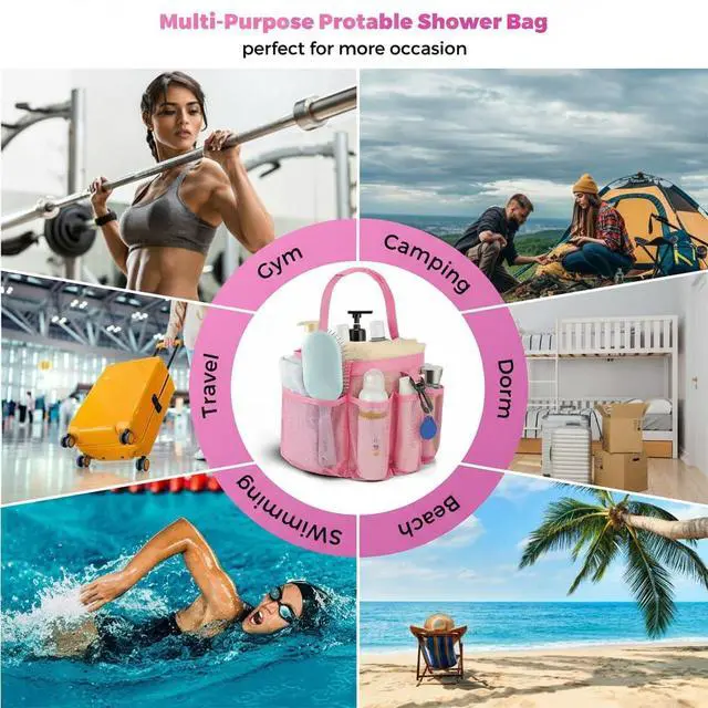 Alt view image 7 of 7 - Mesh Shower Caddy Portable for College Dorm Room Essentials,Hanging Shower Caddy Dorm Basket with 8 Pockets,Quick Dry Shower Bag for Bathroom,Beach,Swimming,Gym (Light Pink)