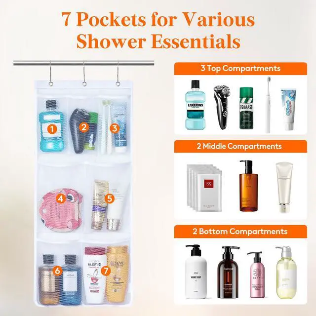 Alt view image 3 of 7 - Cruise Essentials Shower Caddy Must-Have, 7 Pockets Hanging Bathroom Organizer with Quick-Dry Mesh, Portable Shower Bag to Storage Soap, Shampoo, for RVing, Travel, Camping, White, 1 Pack