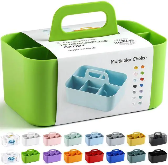 Main image of Multiuse Caddy Organizer with Handle, Portable Divided Plastic Tote Bin - Art Craft, Stationary Pen Marker Crayons, Makeup Hair Supplies Storage - Bathroom, Classroom, Dorm, Office, Desk Holder -Green