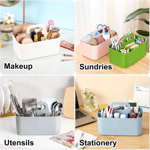 Alt view image 2 of 7 - Multiuse Caddy Organizer with Handle, Portable Divided Plastic Tote Bin - Art Craft, Stationary Pen Marker Crayons, Makeup Hair Supplies Storage - Bathroom, Classroom, Dorm, Office, Desk Holder -Green