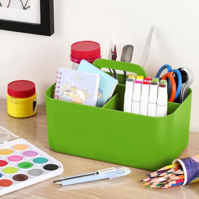 Alt view image 4 of 7 - Multiuse Caddy Organizer with Handle, Portable Divided Plastic Tote Bin - Art Craft, Stationary Pen Marker Crayons, Makeup Hair Supplies Storage - Bathroom, Classroom, Dorm, Office, Desk Holder -Green
