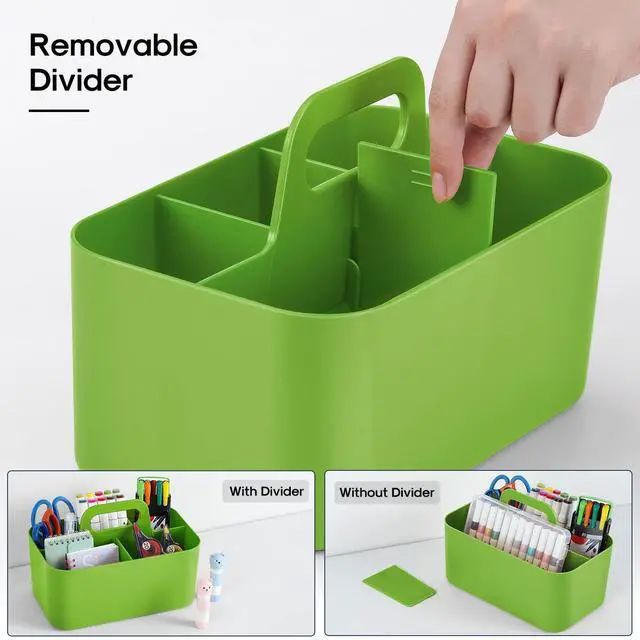 Alt view image 6 of 7 - Multiuse Caddy Organizer with Handle, Portable Divided Plastic Tote Bin - Art Craft, Stationary Pen Marker Crayons, Makeup Hair Supplies Storage - Bathroom, Classroom, Dorm, Office, Desk Holder -Green