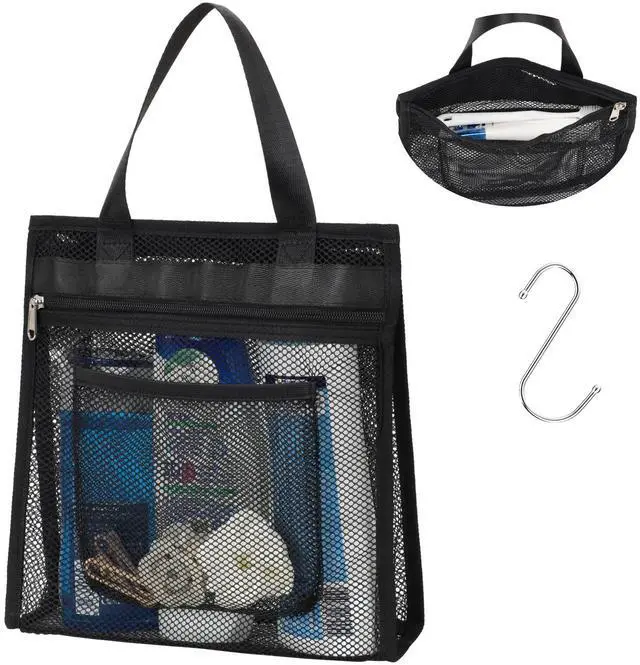 Main image of Mesh Shower Caddy Portable Hanging - 3 Pockets Small Shower Bag Tote with Zipper Closure for Camping, Gym Lockers, Travel, Toiletry, Quick Dry Bathroom Essentials with S Hook, Black