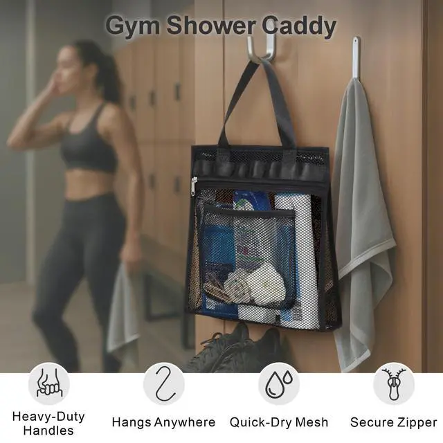 Alt view image 2 of 7 - Mesh Shower Caddy Portable Hanging - 3 Pockets Small Shower Bag Tote with Zipper Closure for Camping, Gym Lockers, Travel, Toiletry, Quick Dry Bathroom Essentials with S Hook, Black