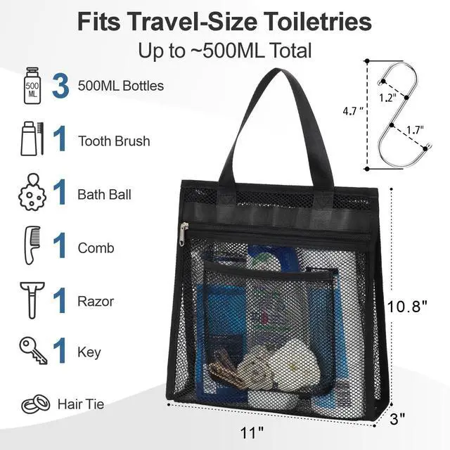 Alt view image 3 of 7 - Mesh Shower Caddy Portable Hanging - 3 Pockets Small Shower Bag Tote with Zipper Closure for Camping, Gym Lockers, Travel, Toiletry, Quick Dry Bathroom Essentials with S Hook, Black