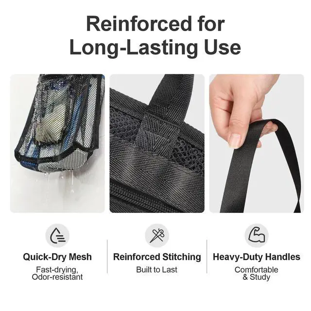 Alt view image 5 of 7 - Mesh Shower Caddy Portable Hanging - 3 Pockets Small Shower Bag Tote with Zipper Closure for Camping, Gym Lockers, Travel, Toiletry, Quick Dry Bathroom Essentials with S Hook, Black