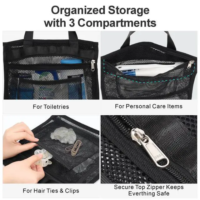 Alt view image 4 of 7 - Mesh Shower Caddy Portable Hanging - 3 Pockets Small Shower Bag Tote with Zipper Closure for Camping, Gym Lockers, Travel, Toiletry, Quick Dry Bathroom Essentials with S Hook, Black