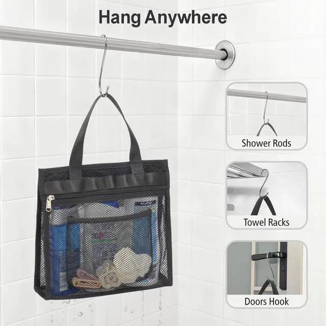 Alt view image 7 of 7 - Mesh Shower Caddy Portable Hanging - 3 Pockets Small Shower Bag Tote with Zipper Closure for Camping, Gym Lockers, Travel, Toiletry, Quick Dry Bathroom Essentials with S Hook, Black