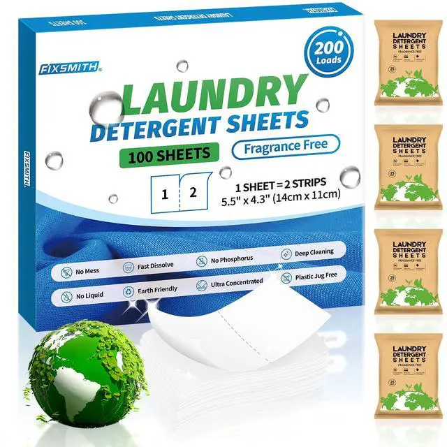 Main image of Laundry Detergent Sheets - 200 Loads (100 Sheets) Fragrance Free - Hypoallergenic,Unscented,Eco Friendly Laundry Detergent Strips Concentrated Travel Detergent Sheets.Plastic-Free,Liquidless