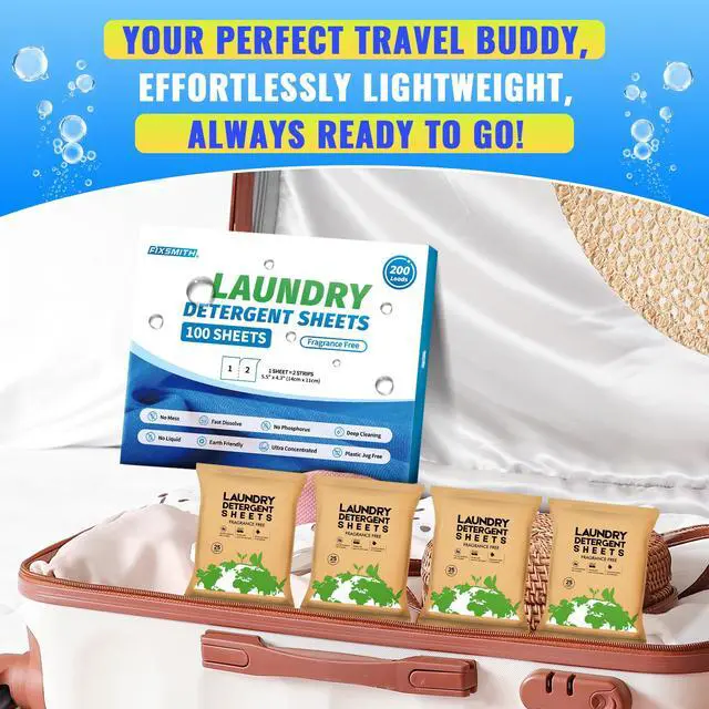 Alt view image 3 of 7 - Laundry Detergent Sheets - 200 Loads (100 Sheets) Fragrance Free - Hypoallergenic,Unscented,Eco Friendly Laundry Detergent Strips Concentrated Travel Detergent Sheets.Plastic-Free,Liquidless